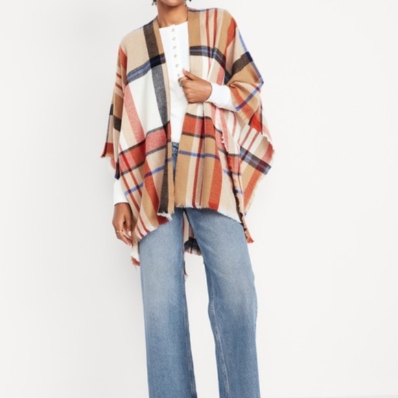 Old Navy Accessories - Old Navy Flannel Plaid Open Front Fringe Poncho